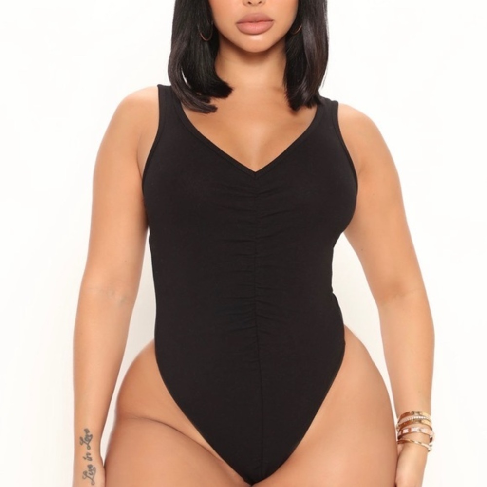 New Black Ruched Bodysuit
